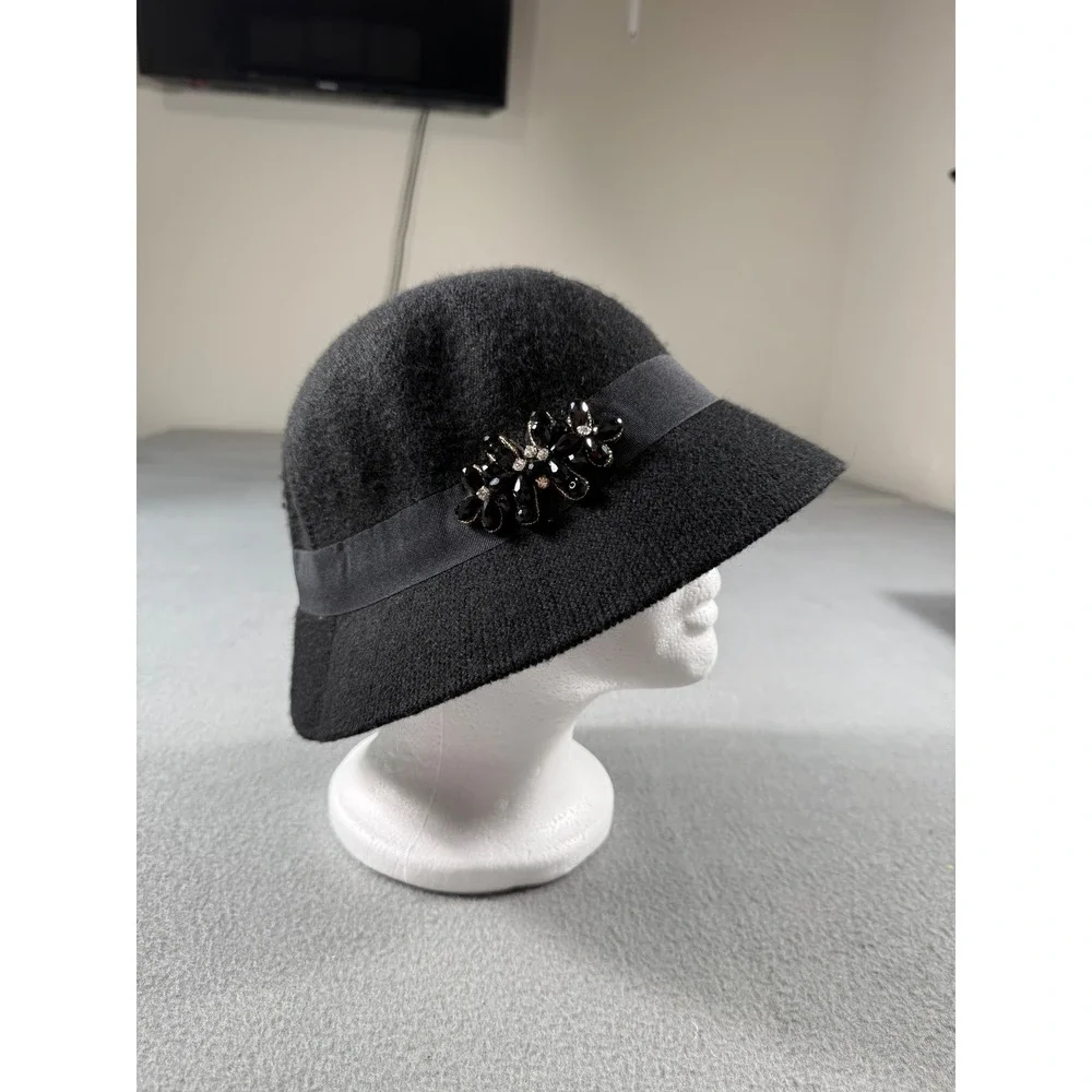 Black Wool Blend Cloche Bucket Hat Rhinestone Floral Accent One Size‎ Vintage